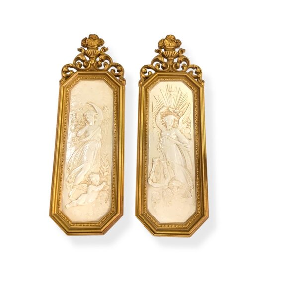 VTG 1967 Dart Homco 2 Wall Plaques Gold Angels Relief MCM Hollywood Regency - Picture 7 of 13